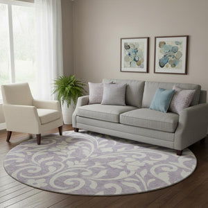 HomeRoots 8' Floral Round Rug in Lavender & Ivory - Washable, Stain-Resistant, UV Protected for Any Room 669621
