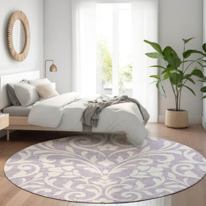 HomeRoots 8' Floral Round Rug in Lavender & Ivory - Washable, Stain-Resistant, UV Protected for Any Room 669621