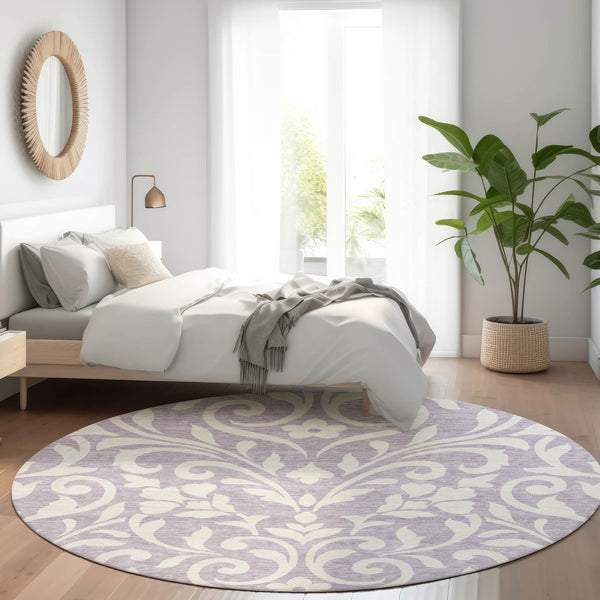 HomeRoots 8' Floral Round Rug in Lavender & Ivory - Washable, Stain-Resistant, UV Protected for Any Room 669621