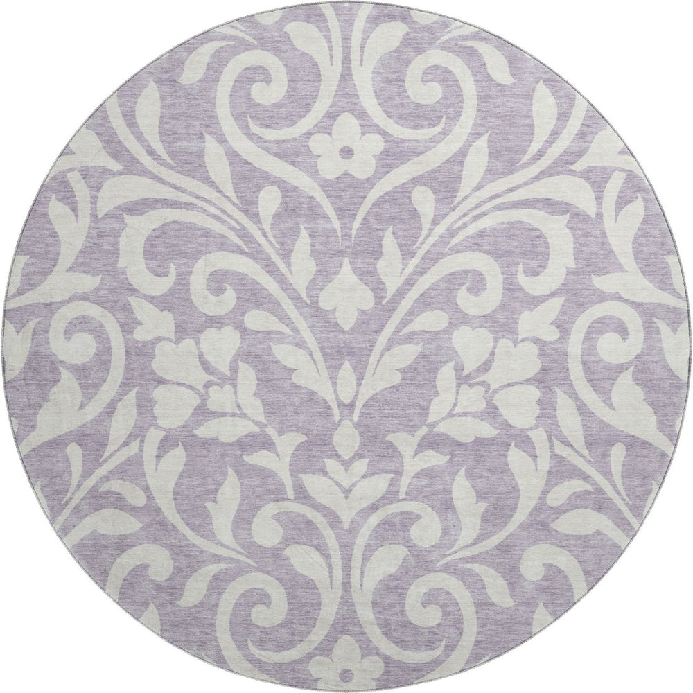 HomeRoots 8' Floral Round Rug in Lavender & Ivory - Washable, Stain-Resistant, UV Protected for Any Room 669621