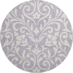HomeRoots 8' Floral Round Rug in Lavender & Ivory - Washable, Stain-Resistant, UV Protected for Any Room 669621