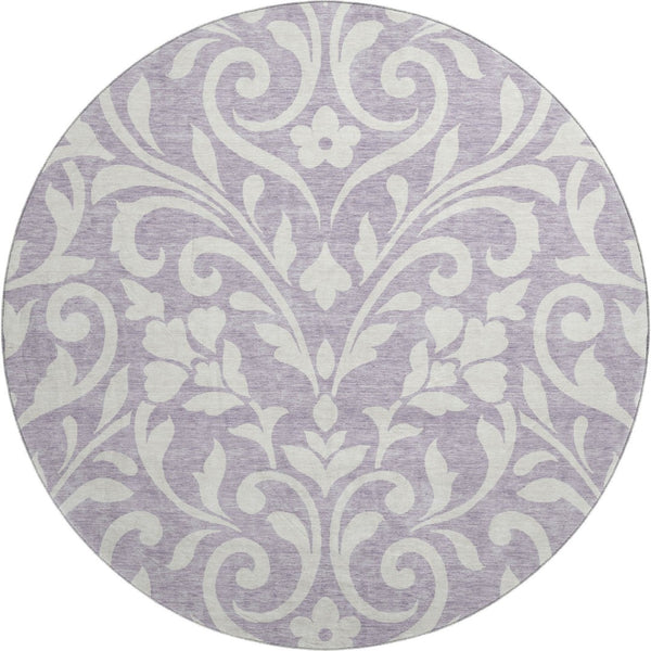 HomeRoots 8' Floral Round Rug in Lavender & Ivory - Washable, Stain-Resistant, UV Protected for Any Room 669621