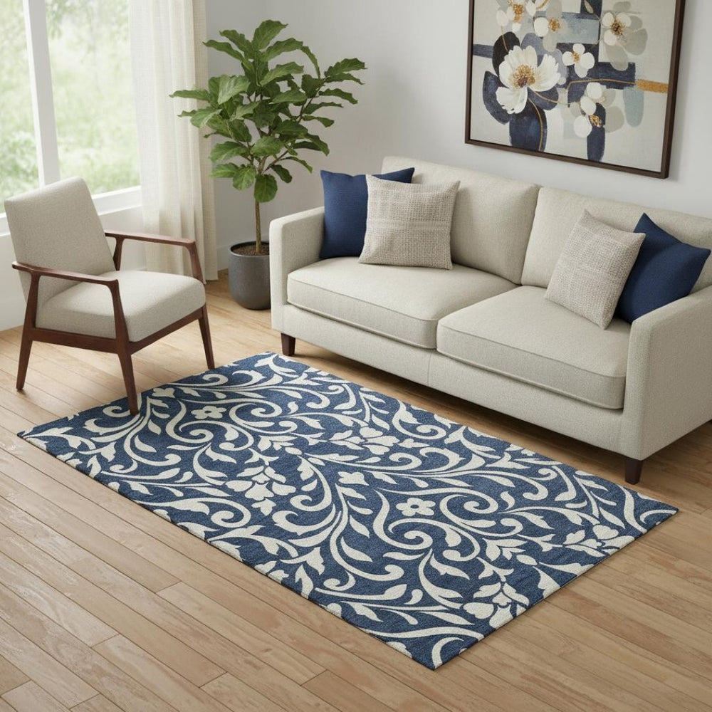 HomeRoots 5' X 8' Navy Blue & Ivory Floral Washable Area Rug - Durable, UV Protected, Perfect for Family Homes! 669626