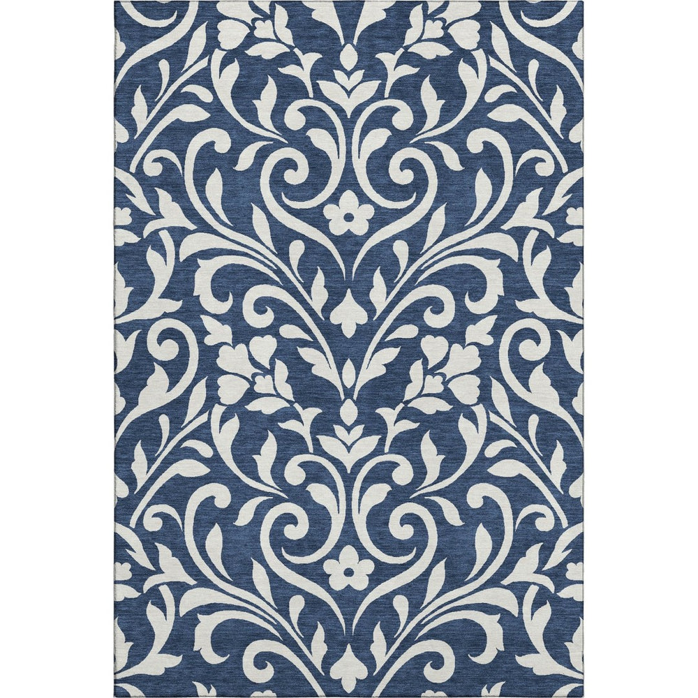HomeRoots 5' X 8' Navy Blue & Ivory Floral Washable Area Rug - Durable, UV Protected, Perfect for Family Homes! 669626