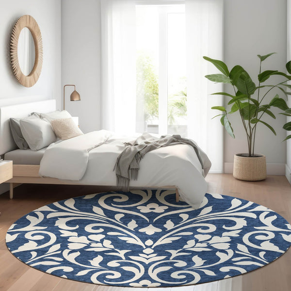HomeRoots 8' Navy Blue and Ivory Floral Washable Round Rug – Stain Resistant, UV Protected for High-Traffic Areas 669627