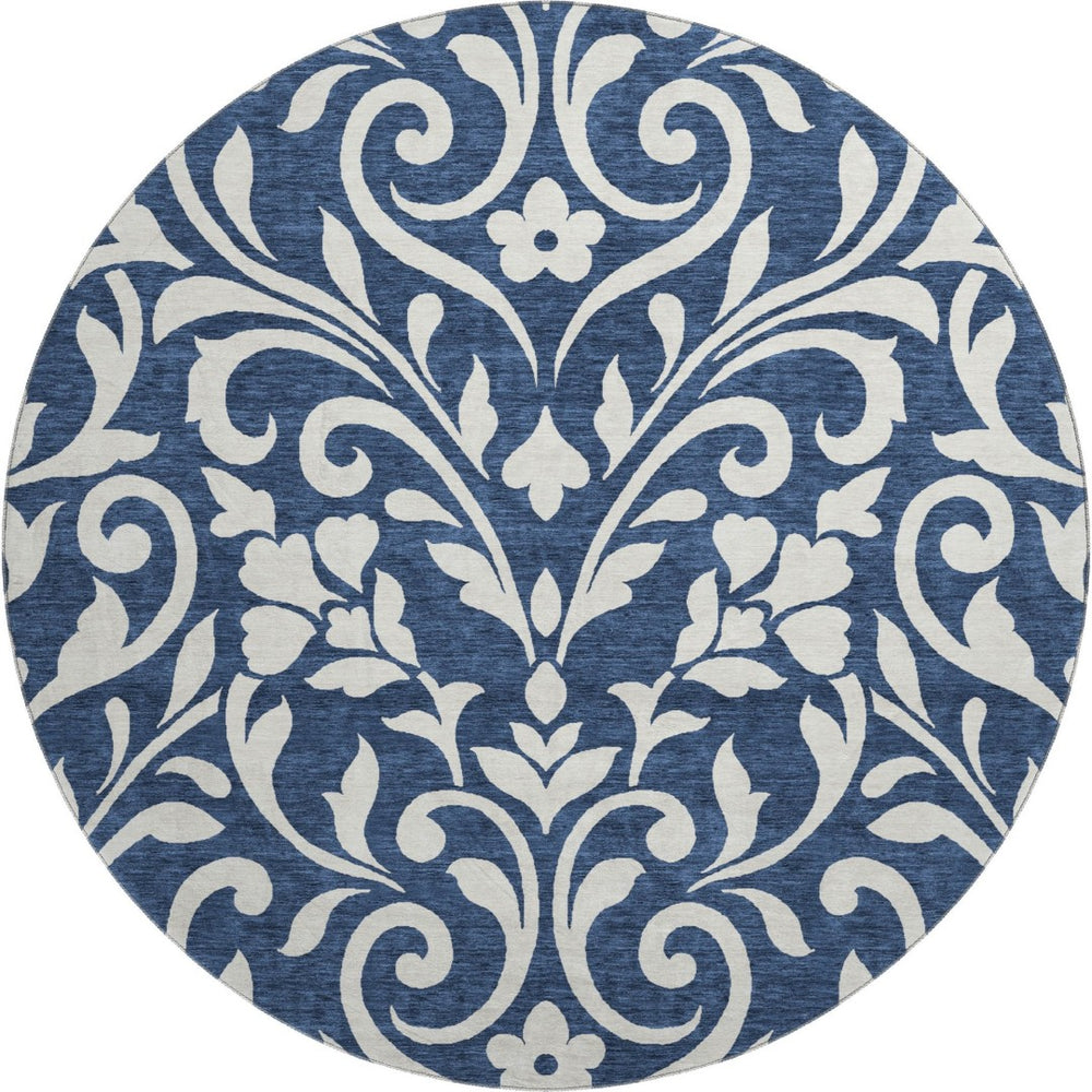 HomeRoots 8' Navy Blue and Ivory Floral Washable Round Rug – Stain Resistant, UV Protected for High-Traffic Areas 669627