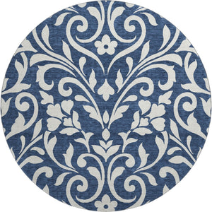 HomeRoots 8' Navy Blue and Ivory Floral Washable Round Rug – Stain Resistant, UV Protected for High-Traffic Areas 669627