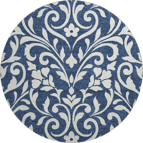HomeRoots 8' Navy Blue and Ivory Floral Washable Round Rug – Stain Resistant, UV Protected for High-Traffic Areas 669627