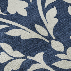HomeRoots 8' Navy Blue and Ivory Floral Washable Round Rug – Stain Resistant, UV Protected for High-Traffic Areas 669627