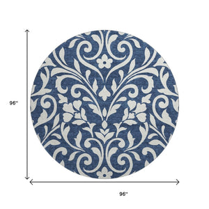 HomeRoots 8' Navy Blue and Ivory Floral Washable Round Rug – Stain Resistant, UV Protected for High-Traffic Areas 669627