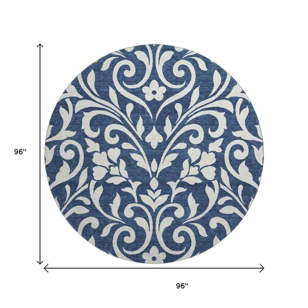 HomeRoots 8' Navy Blue and Ivory Floral Washable Round Rug – Stain Resistant, UV Protected for High-Traffic Areas 669627
