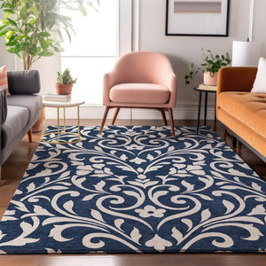 HomeRoots 8' X 10' Navy Blue Floral Washable Area Rug with UV Protection - Durable, Stylish, Family-Friendly Design 669628