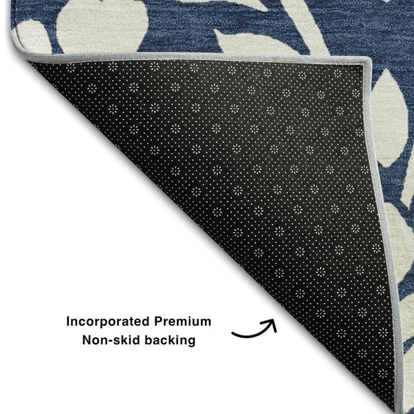 HomeRoots 9' X 12' Navy Blue Floral Area Rug - Washable, UV Protected, Stylish & Durable for Busy Homes! 669629