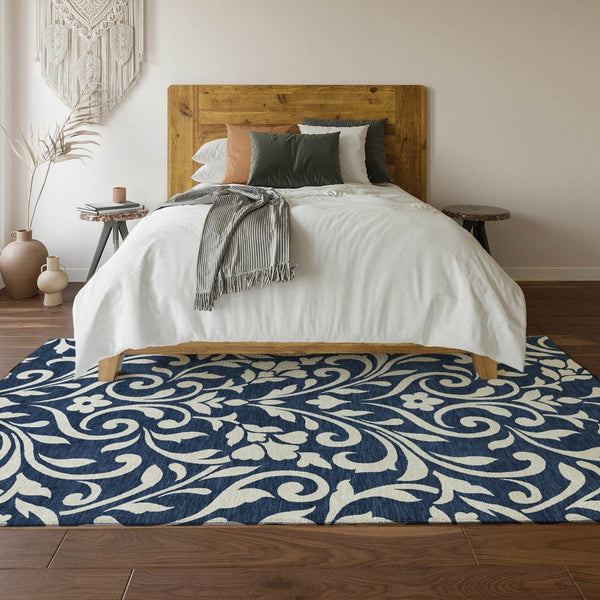 HomeRoots 9' X 12' Navy Blue Floral Area Rug - Washable, UV Protected, Stylish & Durable for Busy Homes! 669629