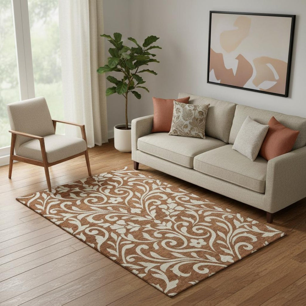 HomeRoots 5' X 8' Elegant Rust and Beige Floral Area Rug - Washable, UV-Protected, Stain-Resistant Design! 669632