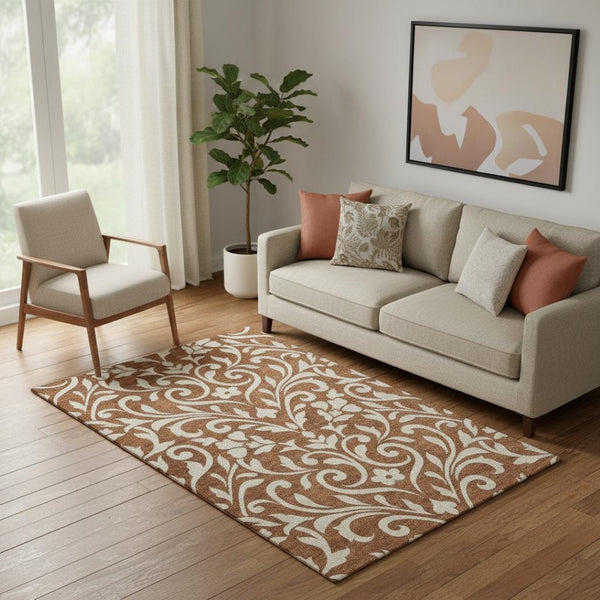 HomeRoots 5' X 8' Elegant Rust and Beige Floral Area Rug - Washable, UV-Protected, Stain-Resistant Design! 669632