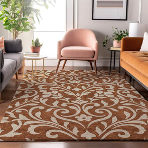 HomeRoots 5' X 8' Elegant Rust and Beige Floral Area Rug - Washable, UV-Protected, Stain-Resistant Design! 669632