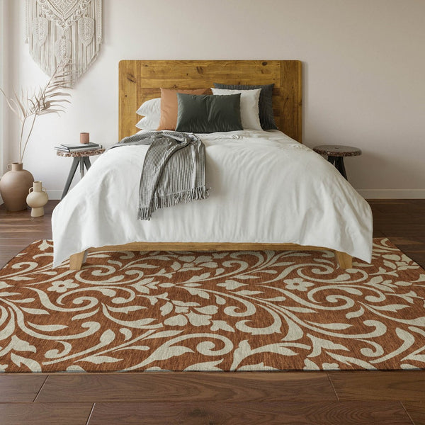 HomeRoots 5' X 8' Elegant Rust and Beige Floral Area Rug - Washable, UV-Protected, Stain-Resistant Design! 669632