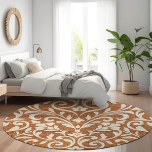 HomeRoots 8' Washable Round Rug in Rust and Beige Floral Design - Durable, Stain-Resistant with UV Protection 669633