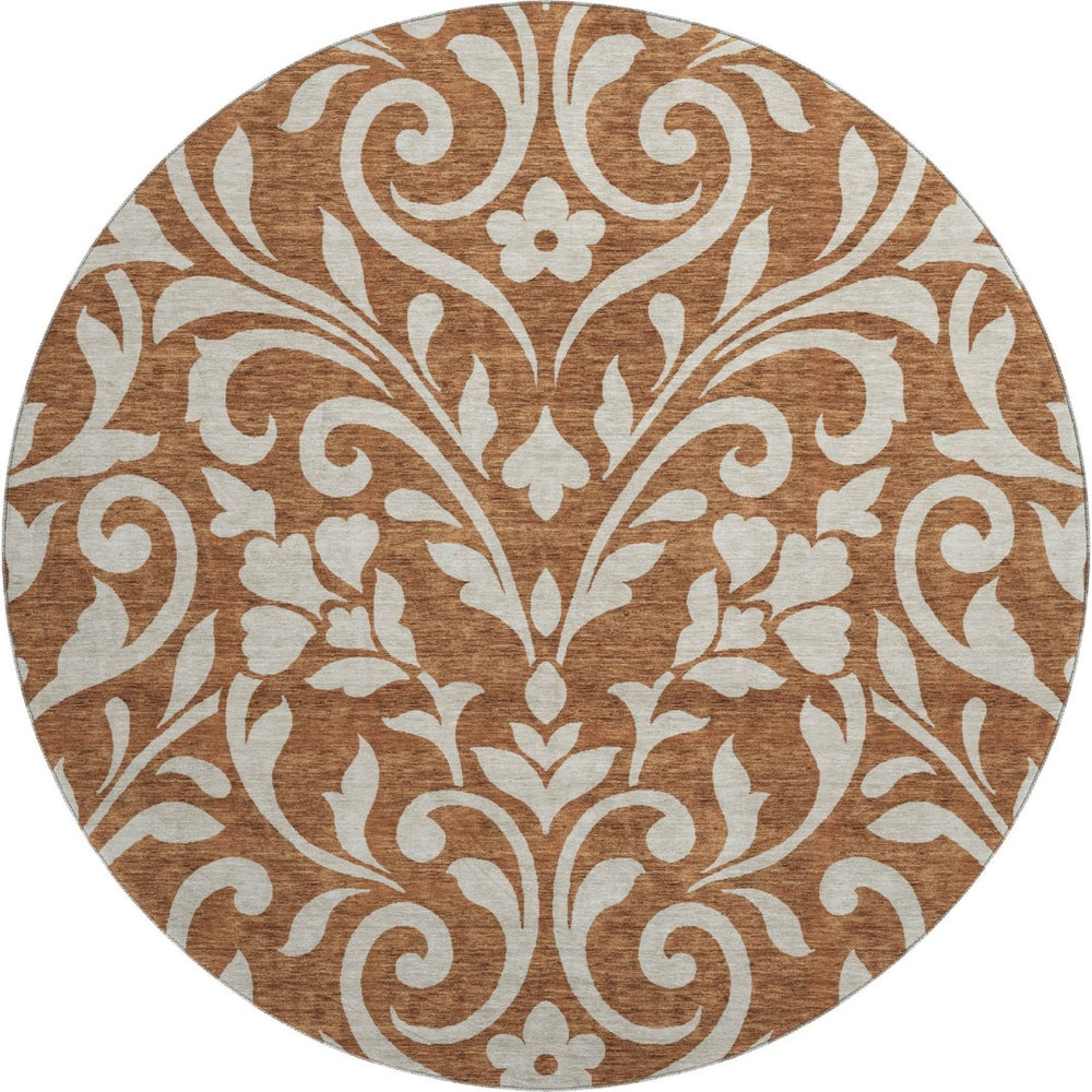 HomeRoots 8' Washable Round Rug in Rust and Beige Floral Design - Durable, Stain-Resistant with UV Protection 669633