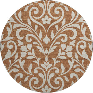HomeRoots 8' Washable Round Rug in Rust and Beige Floral Design - Durable, Stain-Resistant with UV Protection 669633