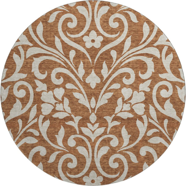 HomeRoots 8' Washable Round Rug in Rust and Beige Floral Design - Durable, Stain-Resistant with UV Protection 669633