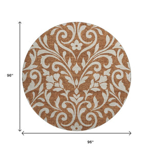 HomeRoots 8' Washable Round Rug in Rust and Beige Floral Design - Durable, Stain-Resistant with UV Protection 669633