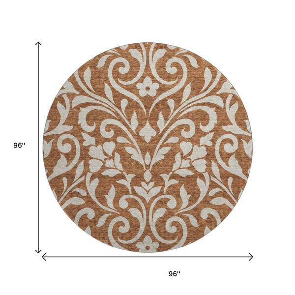 HomeRoots 8' Washable Round Rug in Rust and Beige Floral Design - Durable, Stain-Resistant with UV Protection 669633