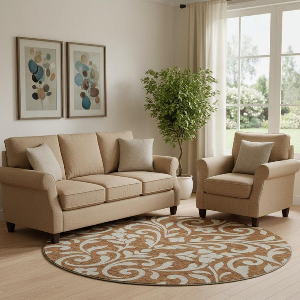 HomeRoots 8' Washable Round Rug in Rust and Beige Floral Design - Durable, Stain-Resistant with UV Protection 669633