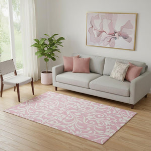 HomeRoots 5' X 8' Pink and Ivory Floral Area Rug – Washable, UV Protected, Durable Design for Any Room Style! 669638