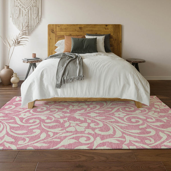 HomeRoots 5' X 8' Pink and Ivory Floral Area Rug – Washable, UV Protected, Durable Design for Any Room Style! 669638