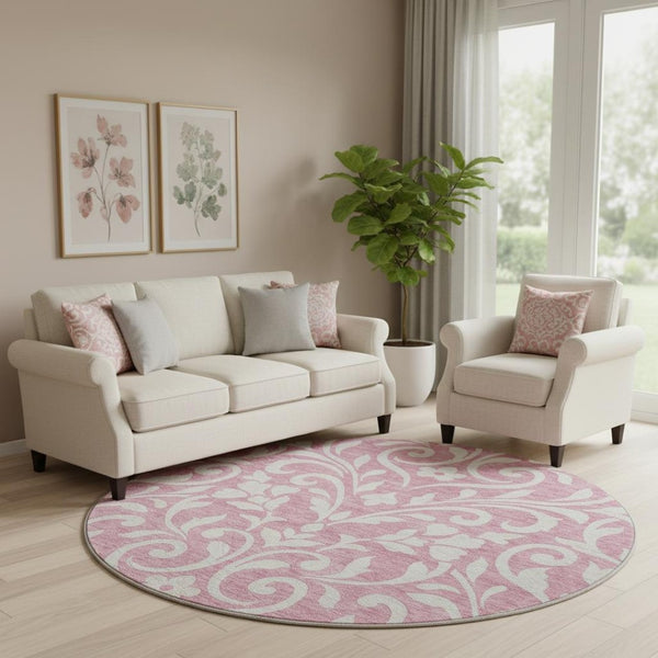 HomeRoots 8' Pink and Ivory Floral Washable Round Rug – UV Protected, Durable, Elegant Design for Every Space 669639