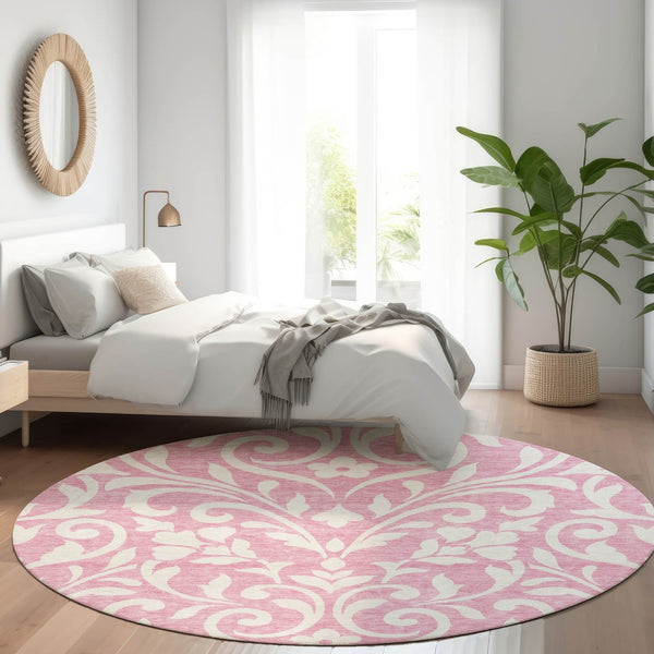 HomeRoots 8' Pink and Ivory Floral Washable Round Rug – UV Protected, Durable, Elegant Design for Every Space 669639