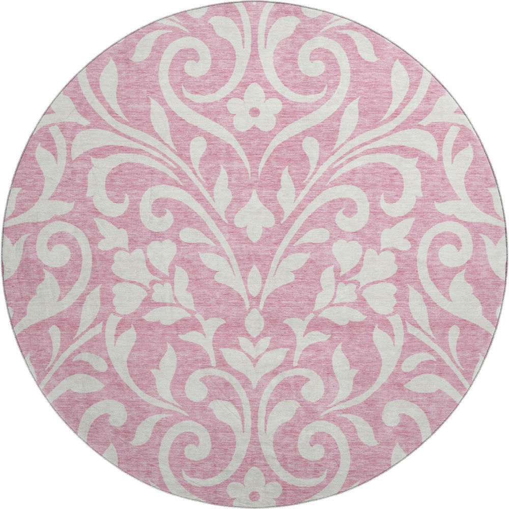 HomeRoots 8' Pink and Ivory Floral Washable Round Rug – UV Protected, Durable, Elegant Design for Every Space 669639