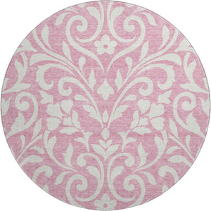 HomeRoots 8' Pink and Ivory Floral Washable Round Rug – UV Protected, Durable, Elegant Design for Every Space 669639