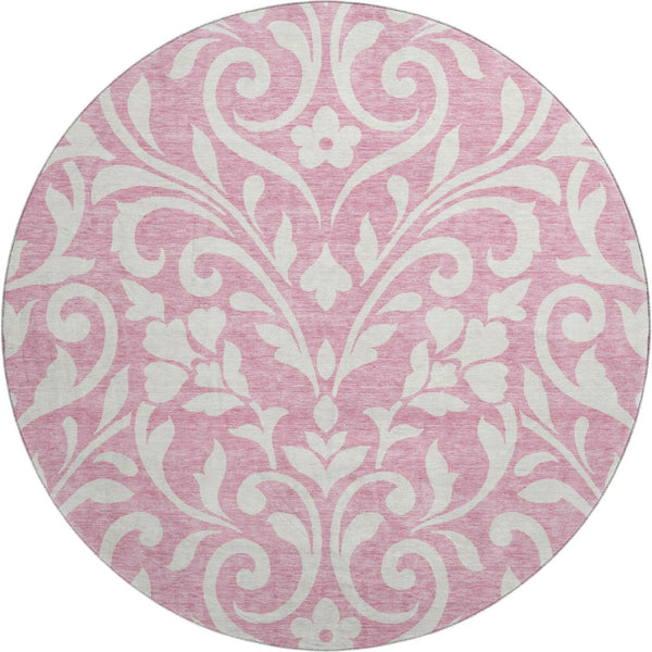 HomeRoots 8' Pink and Ivory Floral Washable Round Rug – UV Protected, Durable, Elegant Design for Every Space 669639