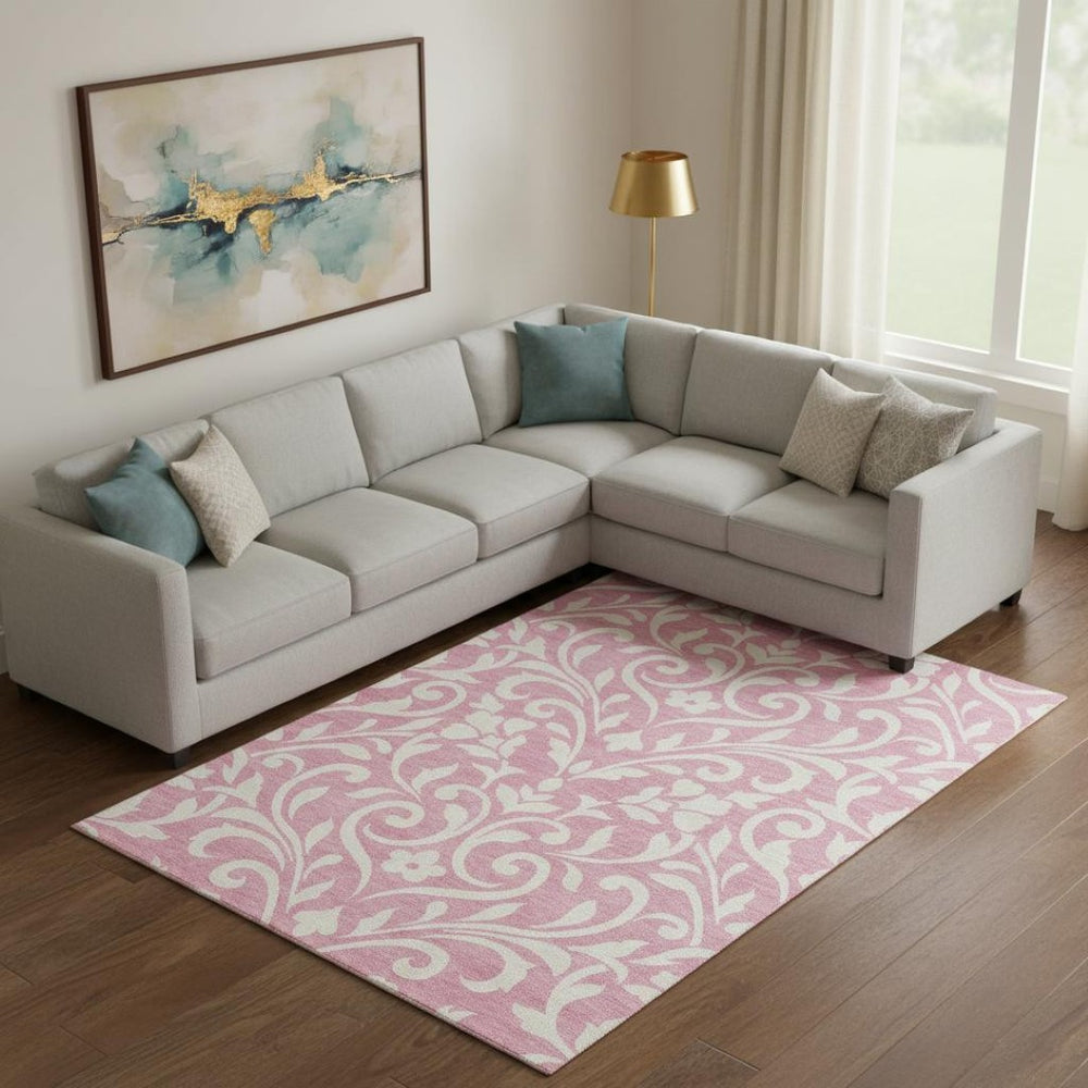 HomeRoots 9' X 12' Pink & Ivory Floral Washable Area Rug - Stylish, Durable, UV Protected for High-Traffic Spaces 669641