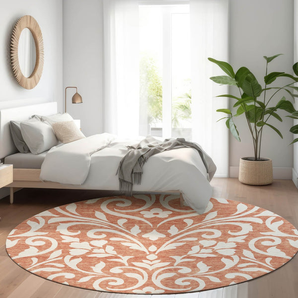 HomeRoots 8' Salmon and Ivory Floral Washable Round Rug - Durable, UV Protected, Perfect for Family Spaces! 669645