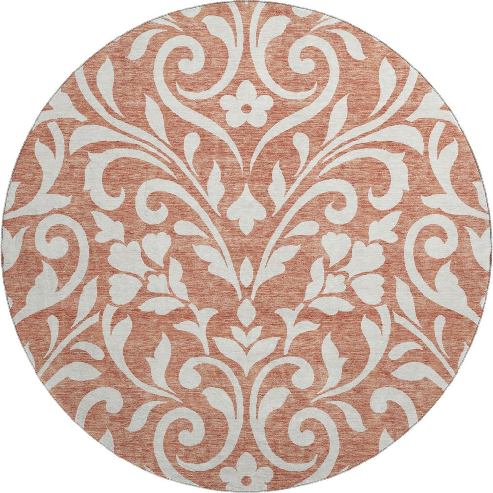HomeRoots 8' Salmon and Ivory Floral Washable Round Rug - Durable, UV Protected, Perfect for Family Spaces! 669645