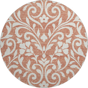 HomeRoots 8' Salmon and Ivory Floral Washable Round Rug - Durable, UV Protected, Perfect for Family Spaces! 669645