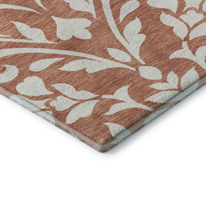 HomeRoots 8' Salmon and Ivory Floral Washable Round Rug - Durable, UV Protected, Perfect for Family Spaces! 669645