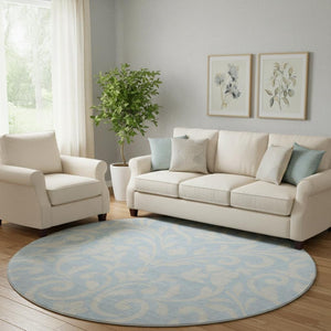 HomeRoots 8' Sky Blue Floral Round Rug - Washable, Stain Resistant, UV Protected for Easy Care & Style 669651