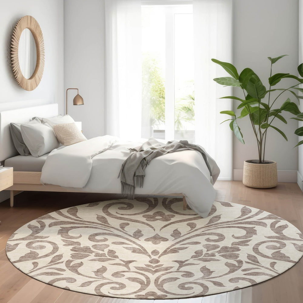 HomeRoots 8' Stylish Taupe & Beige Floral Area Rug - Washable, Stain-Resistant, UV Protected for Longevity 669657