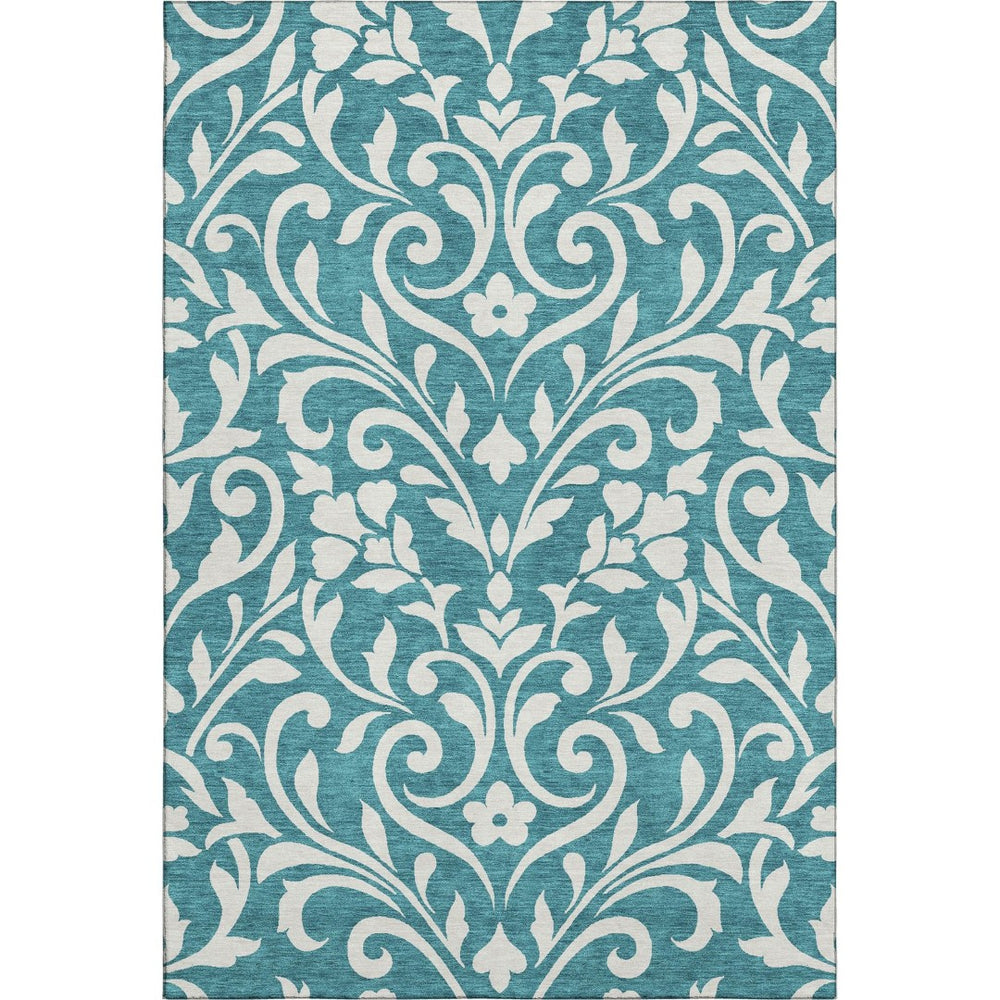 HomeRoots 5' X 8' Stylish Teal and Ivory Floral Area Rug - Washable, UV Protected, Perfect for Family Living! 669662