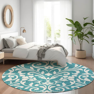 HomeRoots 8' Teal And Ivory Floral Round Rug – Washable, UV-Protected, Stain-Resistant for Easy Care & Style 669663