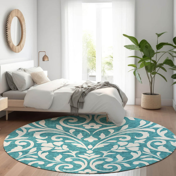 HomeRoots 8' Teal And Ivory Floral Round Rug – Washable, UV-Protected, Stain-Resistant for Easy Care & Style 669663