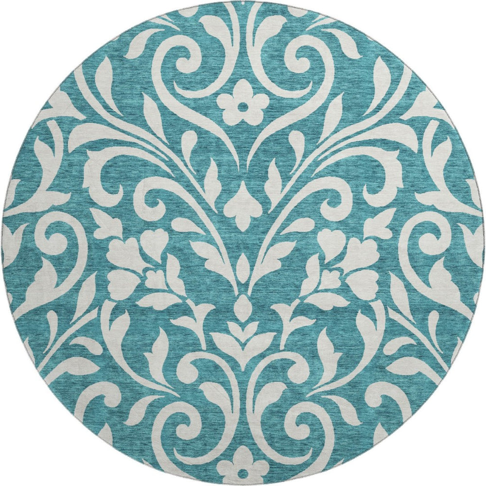 HomeRoots 8' Teal And Ivory Floral Round Rug – Washable, UV-Protected, Stain-Resistant for Easy Care & Style 669663
