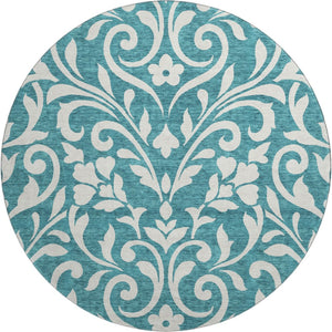 HomeRoots 8' Teal And Ivory Floral Round Rug – Washable, UV-Protected, Stain-Resistant for Easy Care & Style 669663