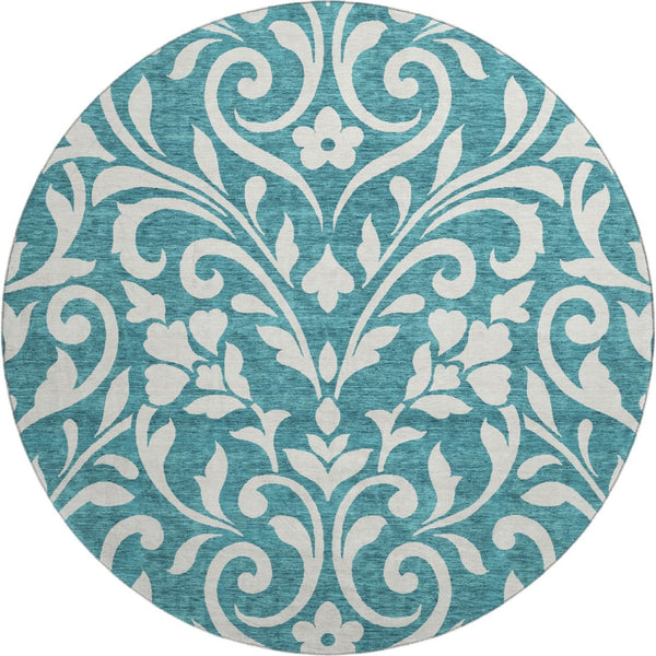 HomeRoots 8' Teal And Ivory Floral Round Rug – Washable, UV-Protected, Stain-Resistant for Easy Care & Style 669663