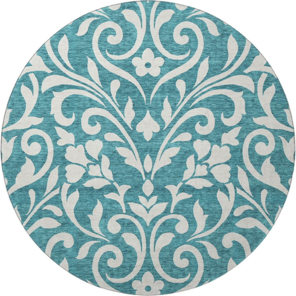 HomeRoots 8' Teal And Ivory Floral Round Rug – Washable, UV-Protected, Stain-Resistant for Easy Care & Style 669663